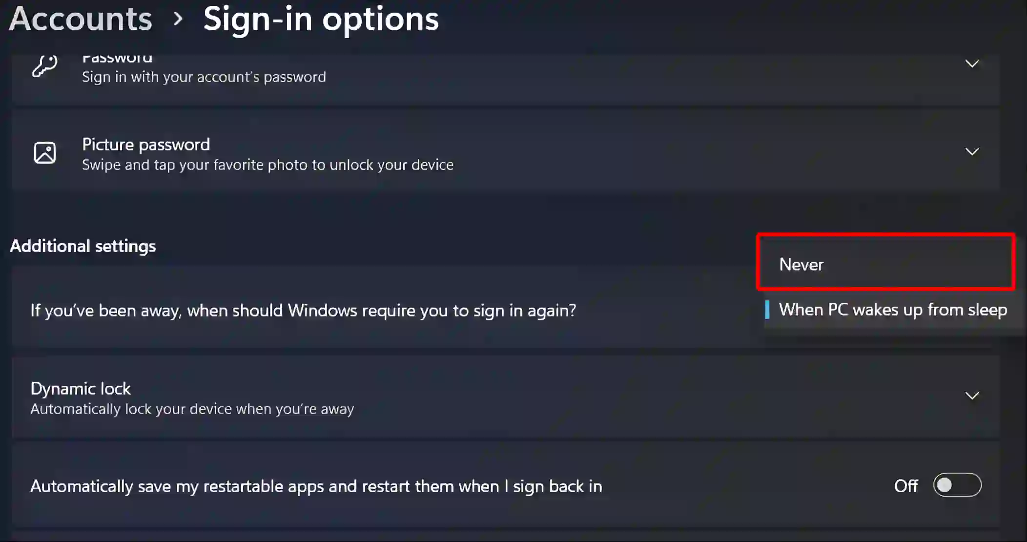 windows 11 settings account sign-in options never