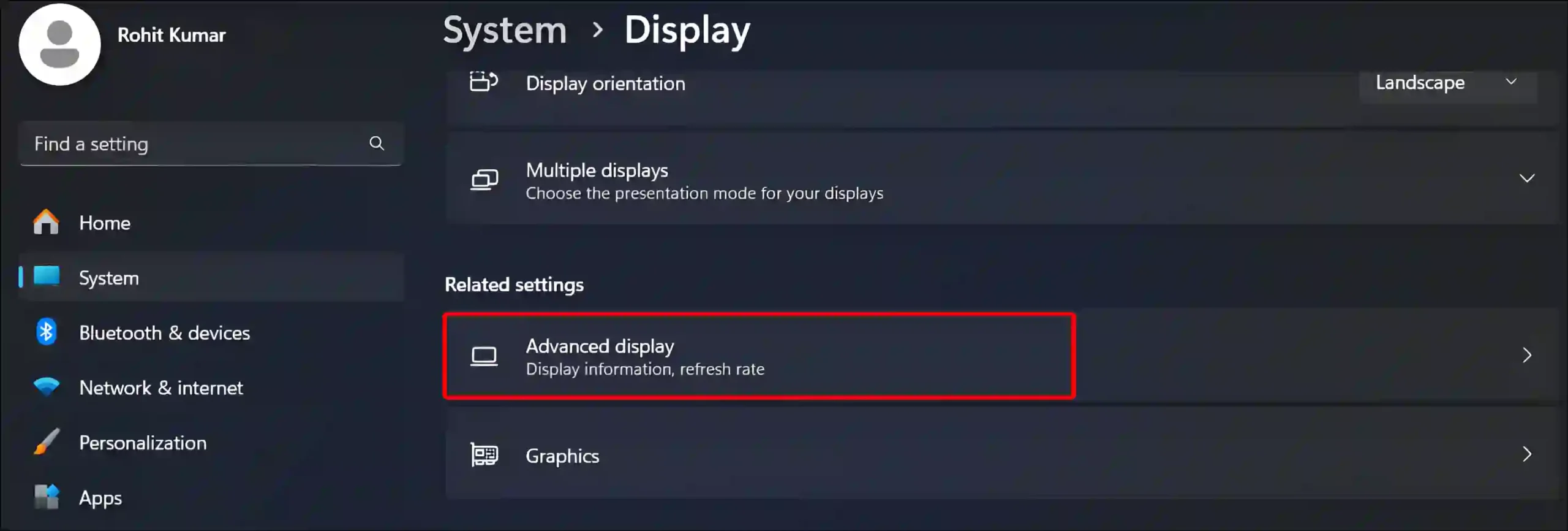 windows 11 settings advanced display