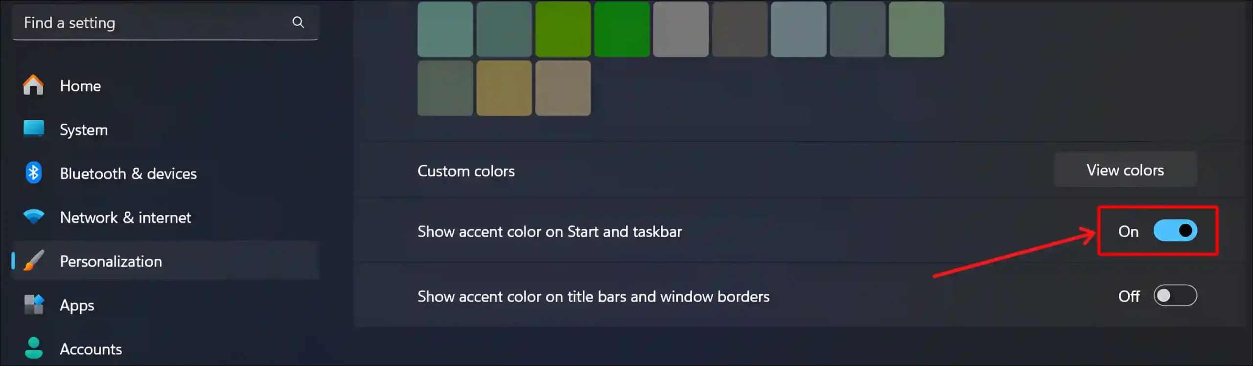 windows 11 show accent color on start and taskbar