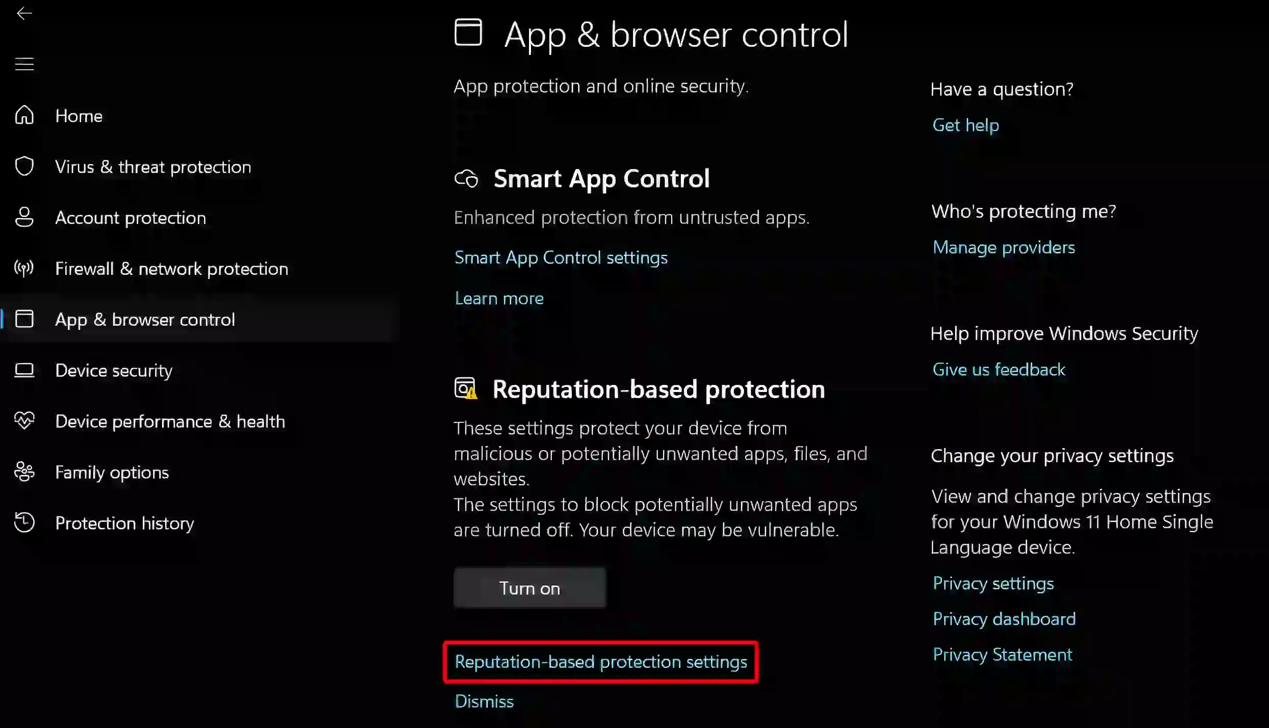 windows 11 windows security reputation-based protection settings