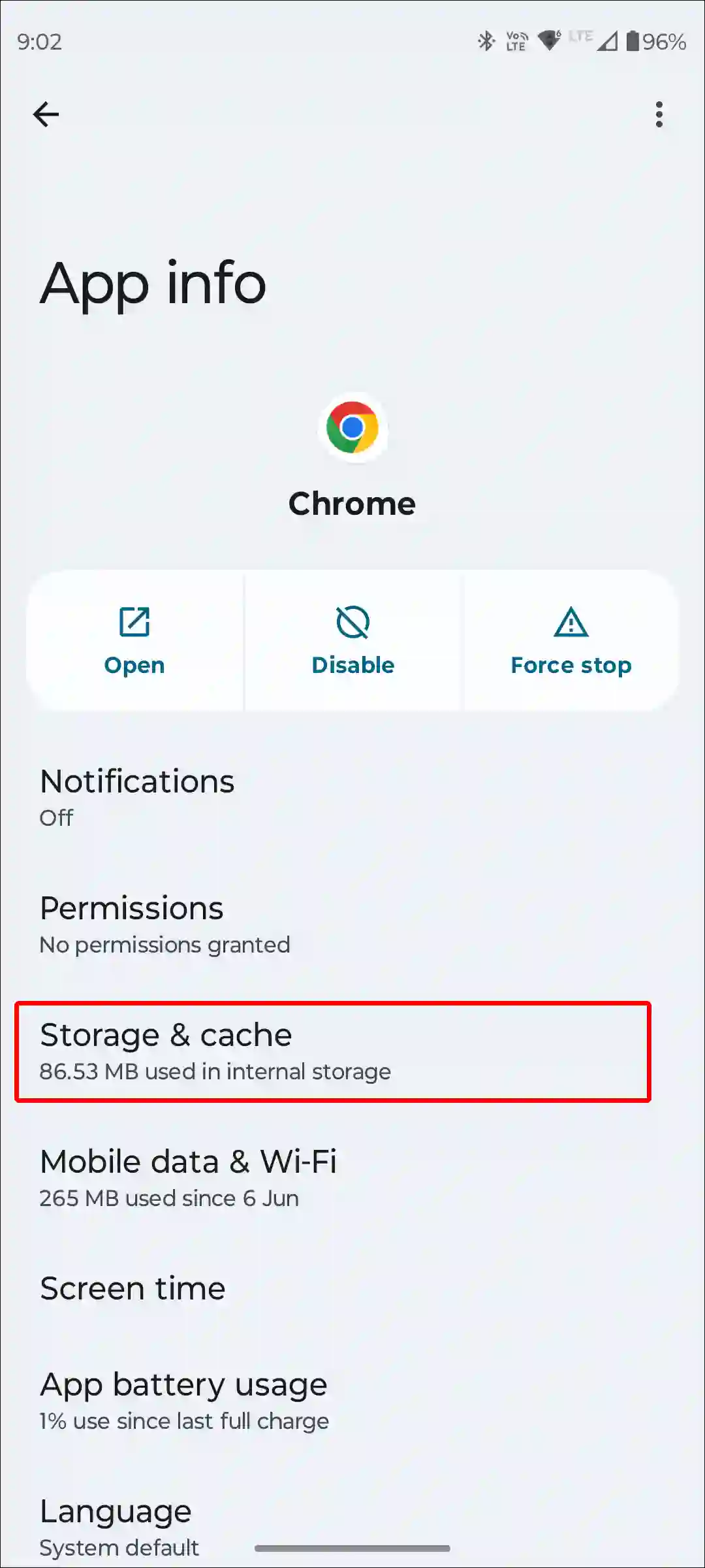 android chrome storage and cache