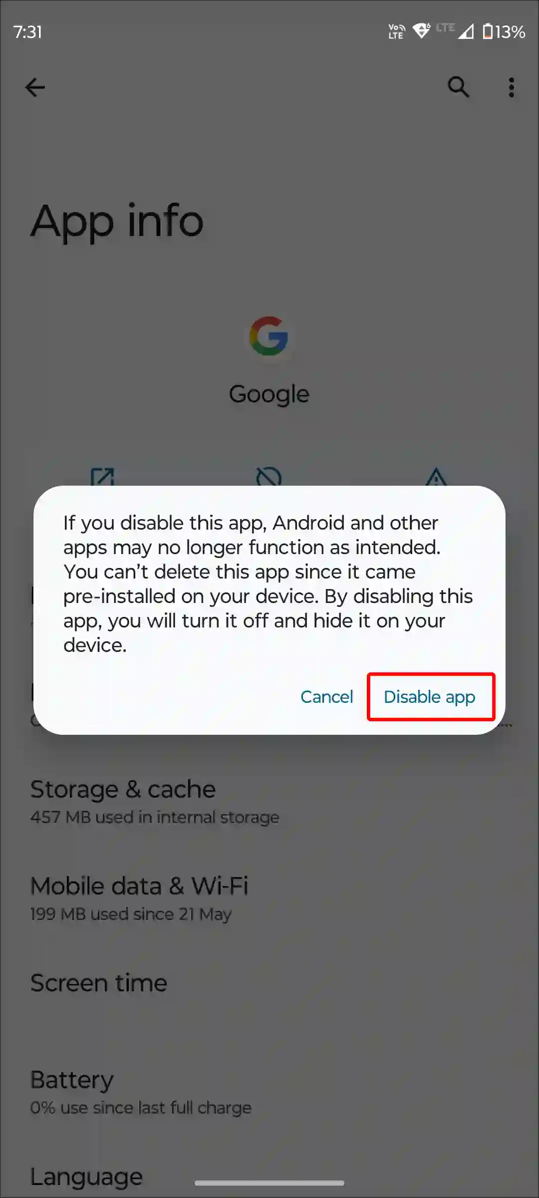 android google app disable