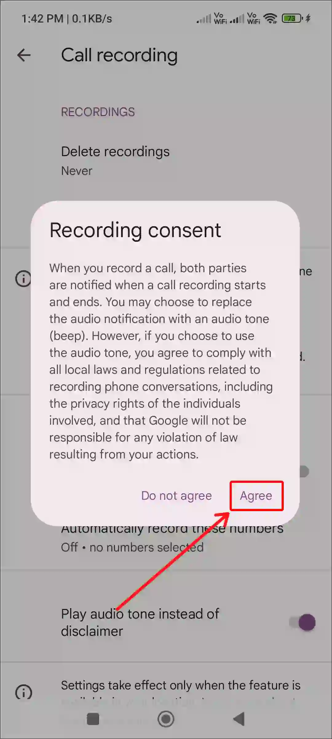 android play audio tone instead of disclaimer agree