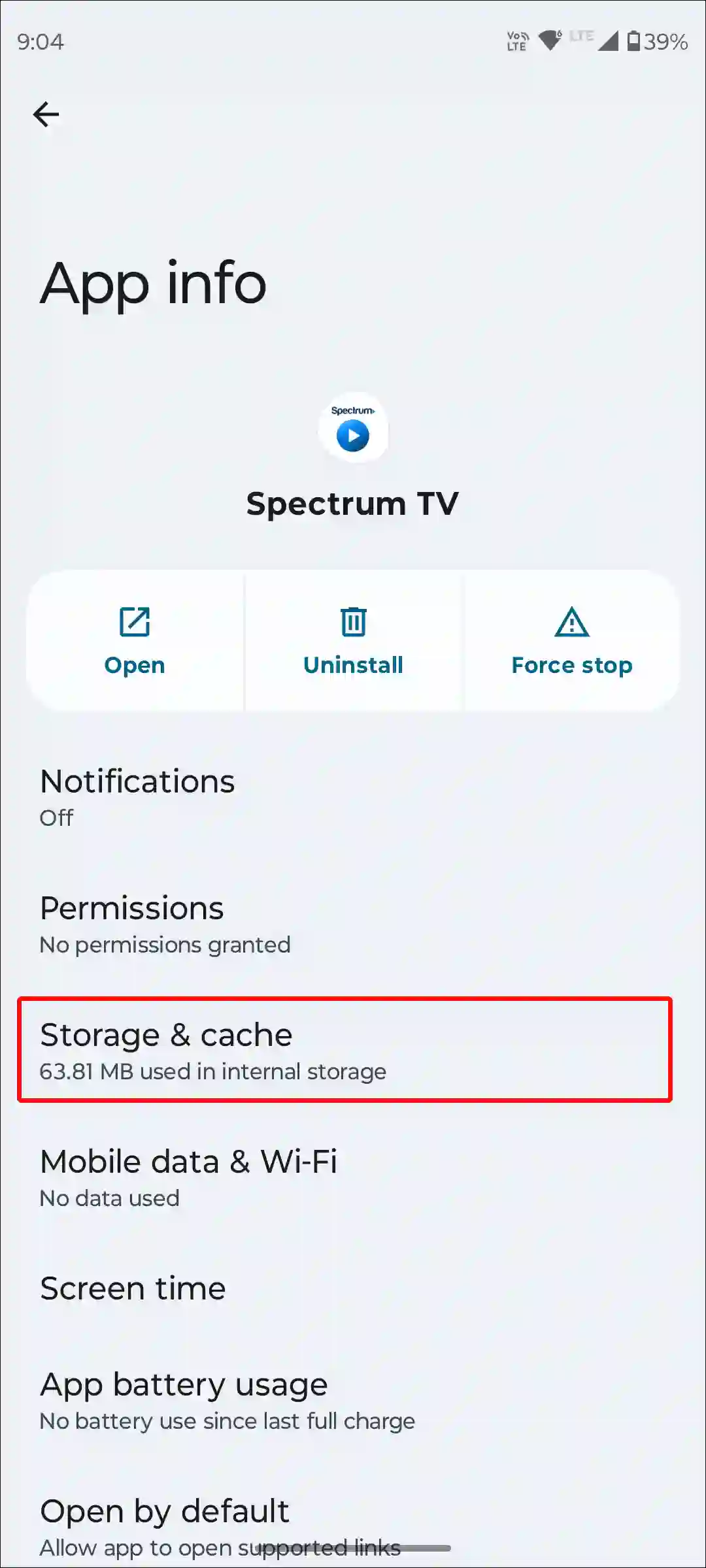 android spectrum tv app storage and cache