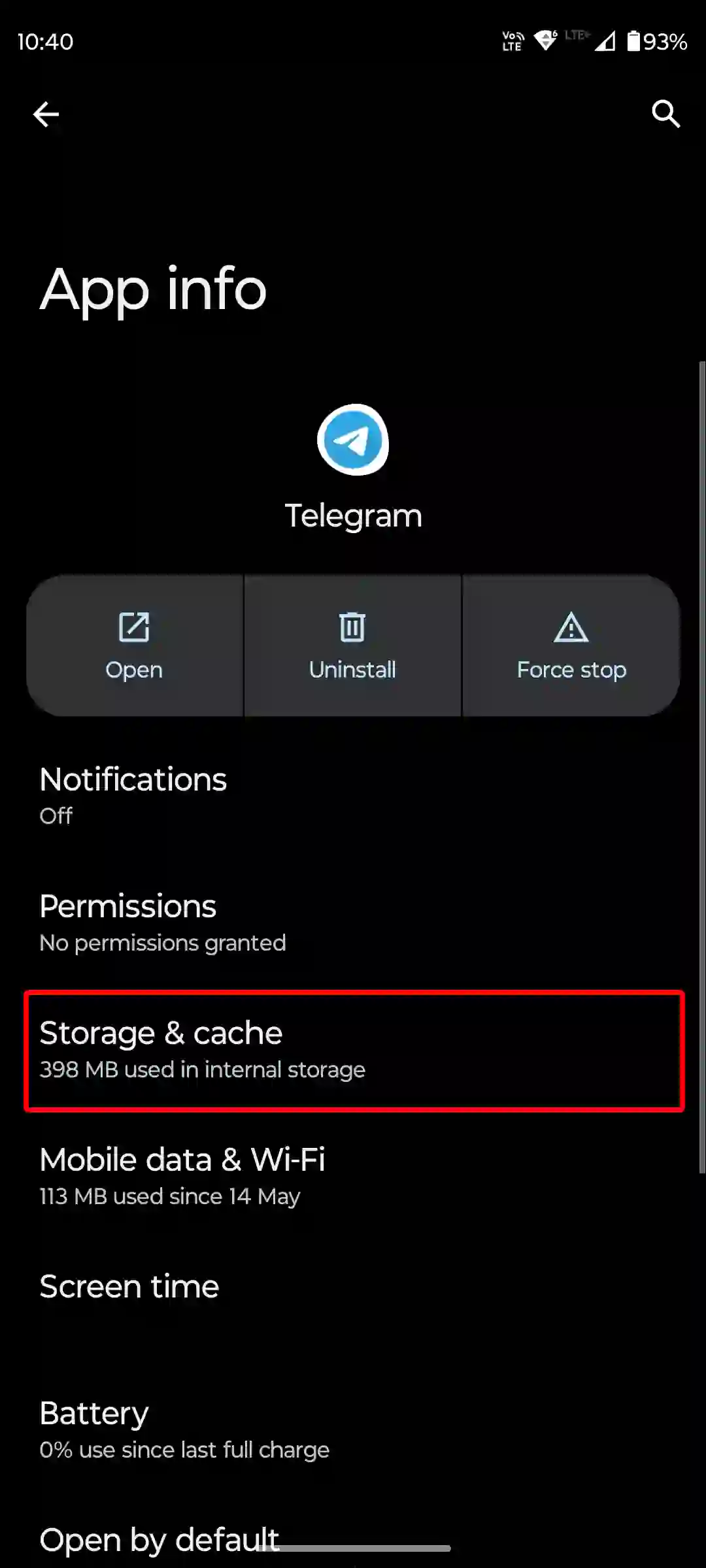 android telegram app storage and cache