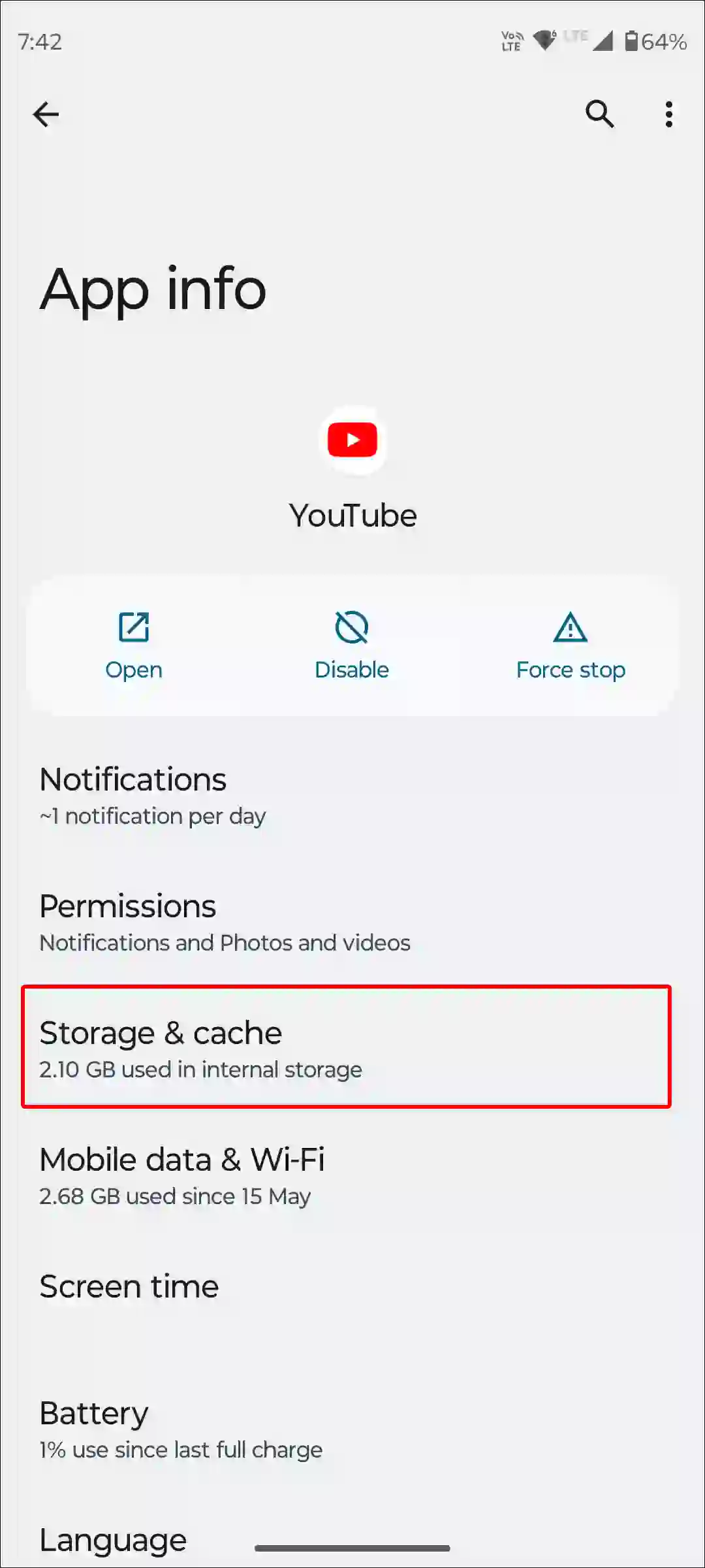 android youtube storage and cache