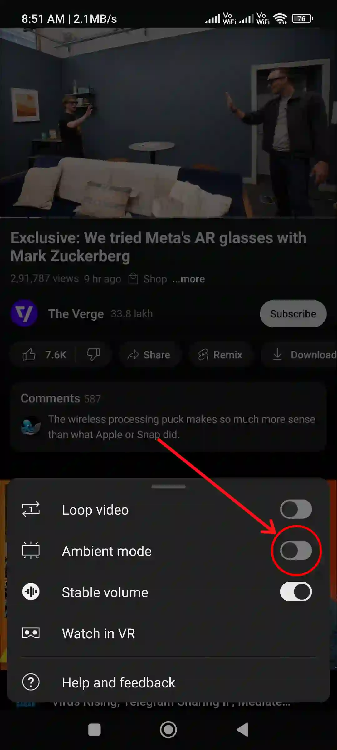 disable ambient mode in youtube app