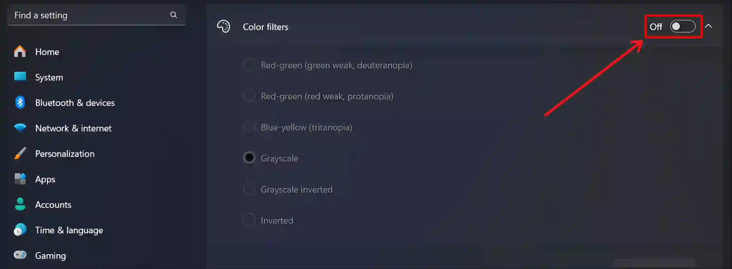 disable grayscale mode using windows 11 settings