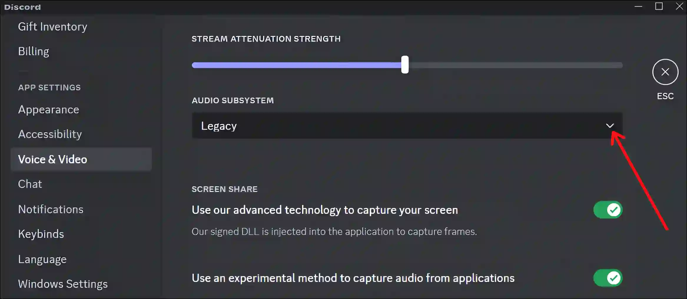 discord standard audio subsystem settings