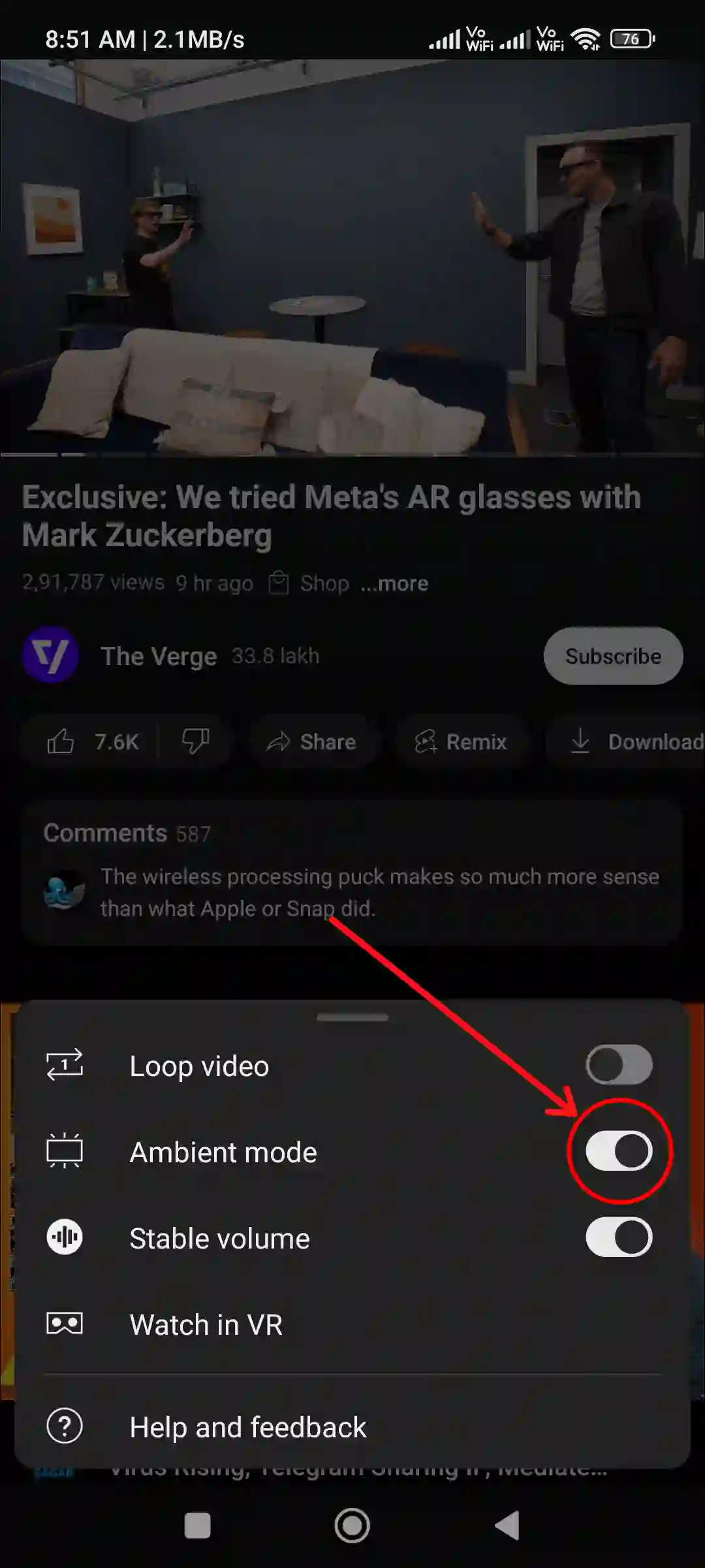 enable ambient mode in youtube app