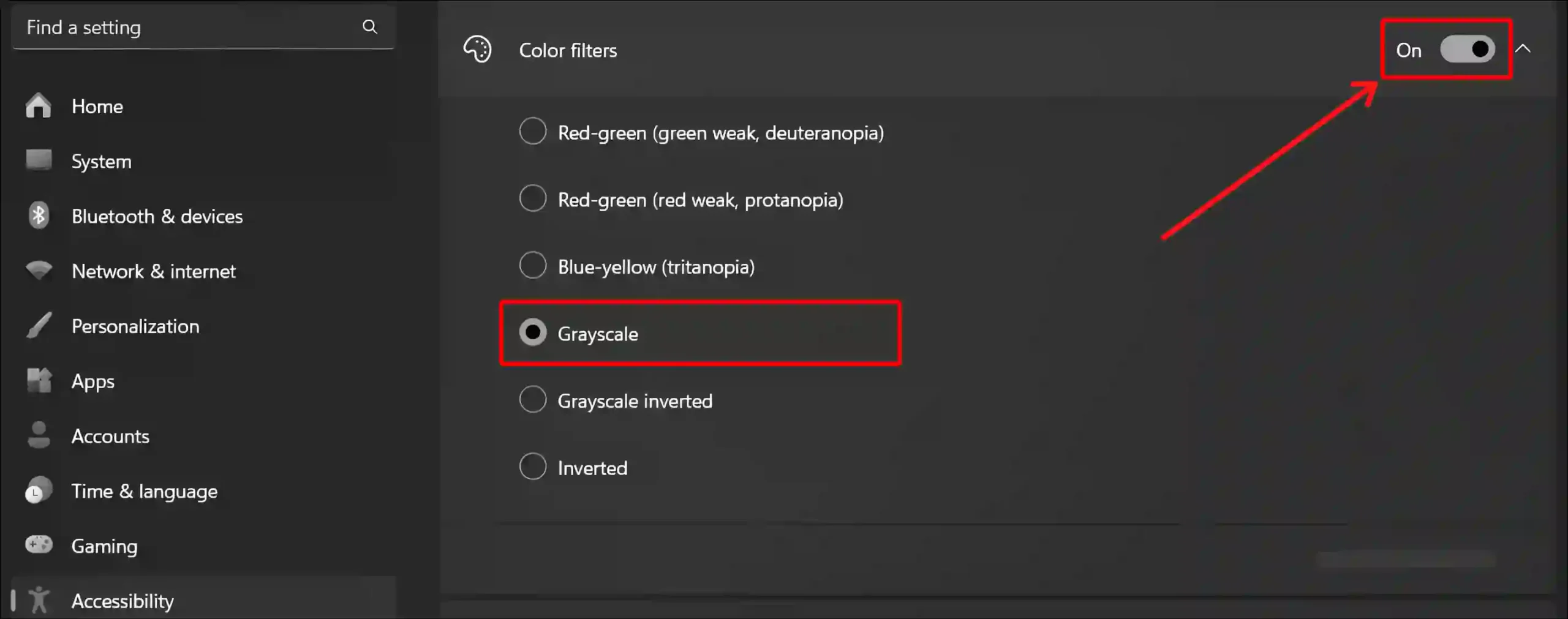 enable grayscale mode using windows 11 settings