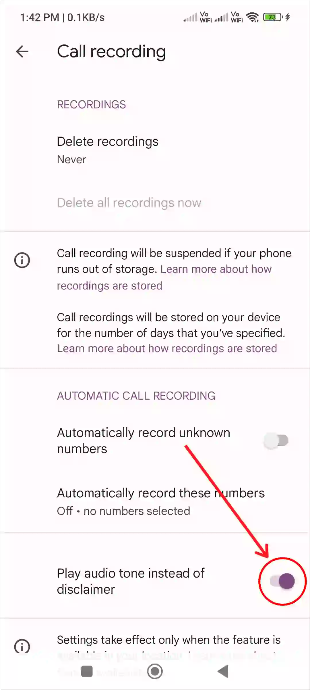 enable play audio tone instead of disclaimer android