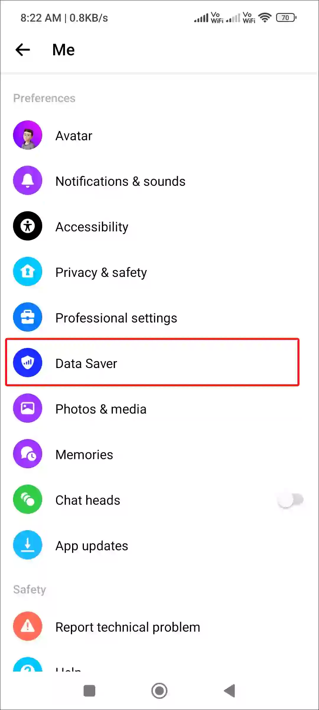 facebook messenger data saver settings