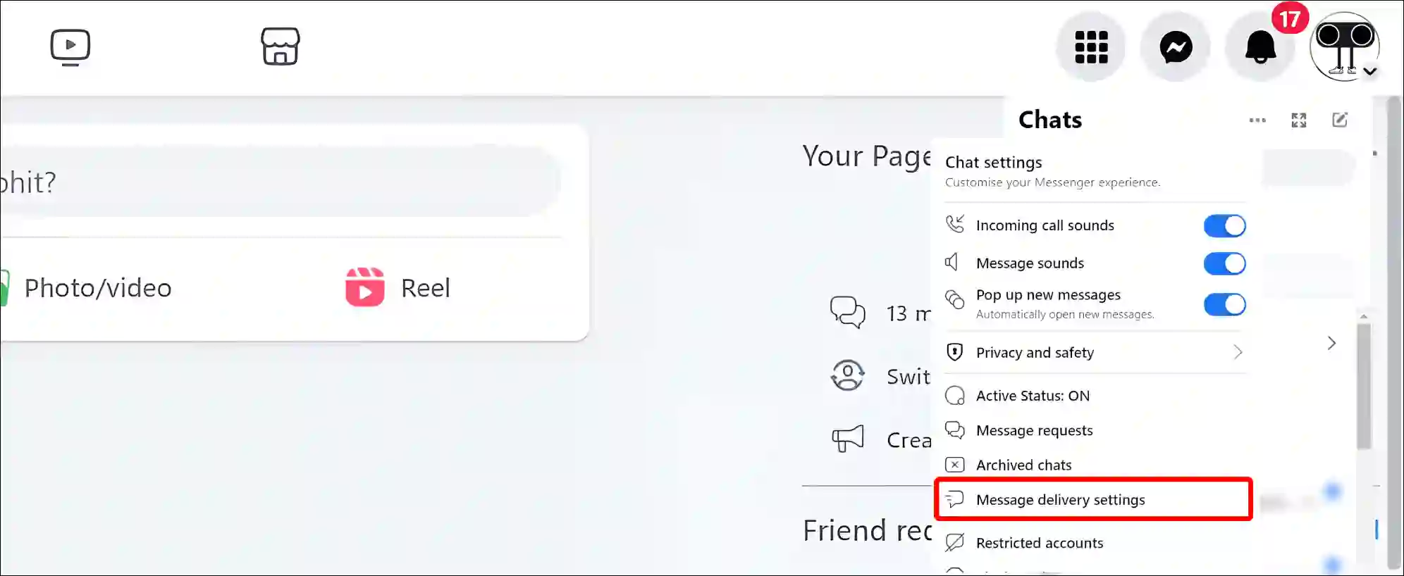 facebook website messenger message delivery settings