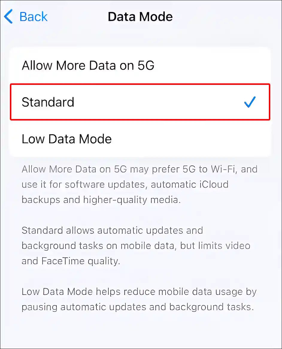 iphone data mode standard