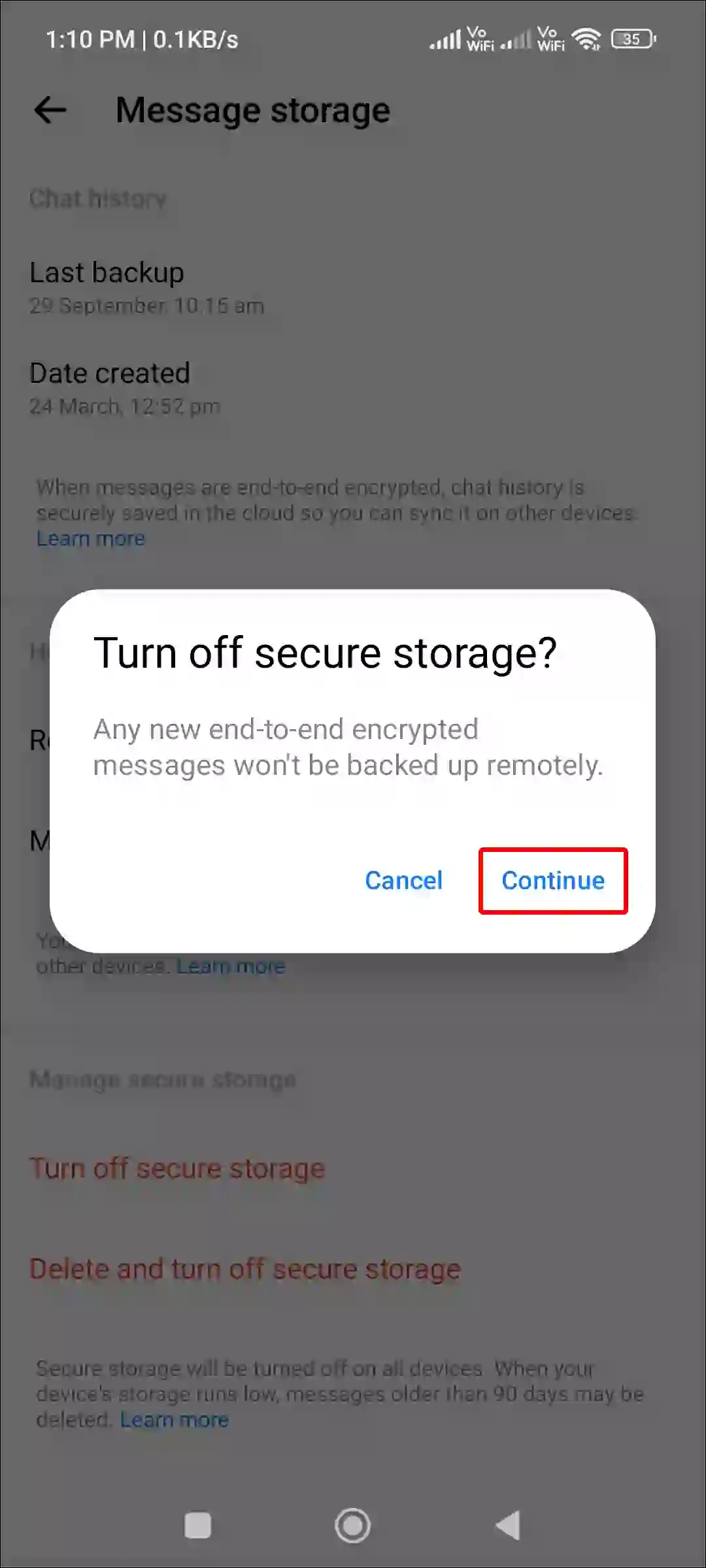 messenger turn off secure storage continue