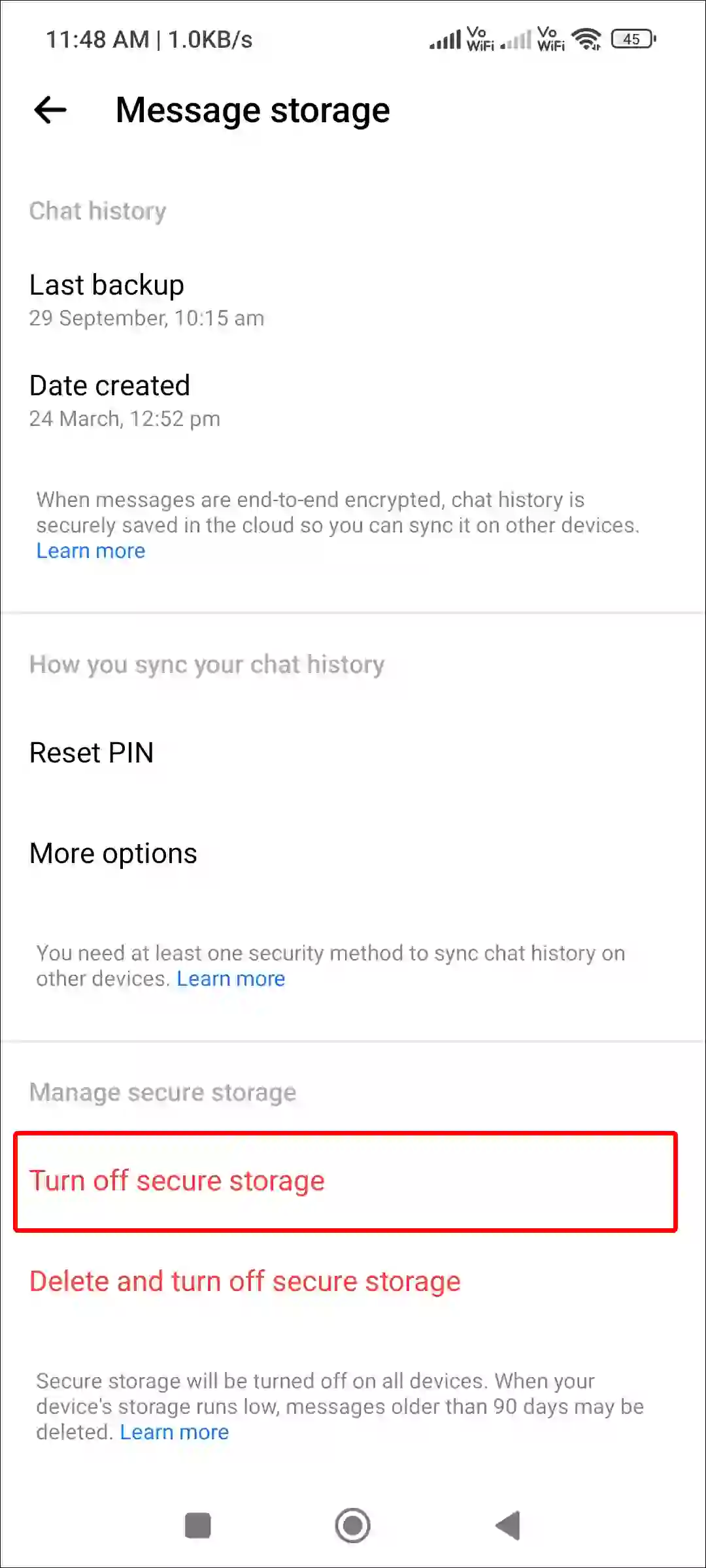 messenger turn off secure storage