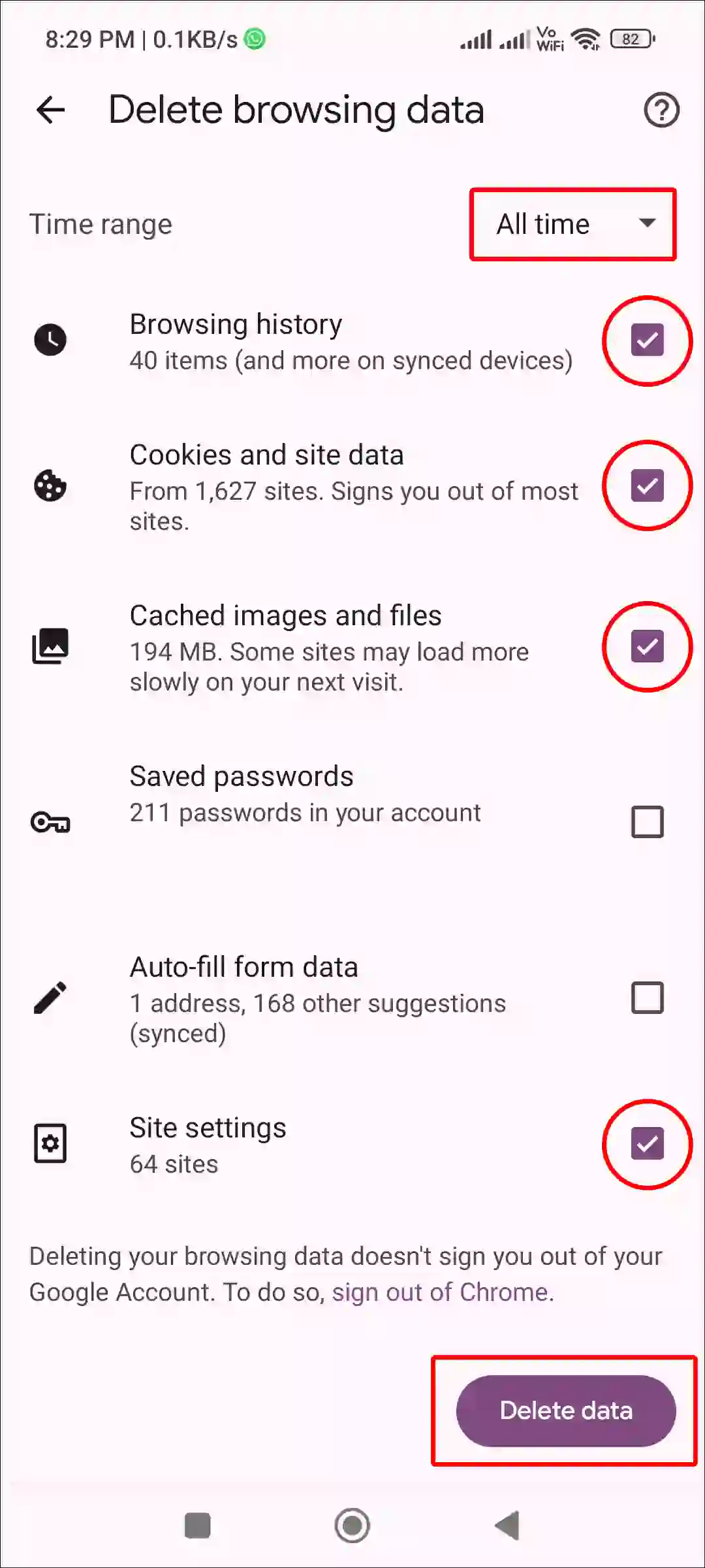 mobile chrome clear cache and data