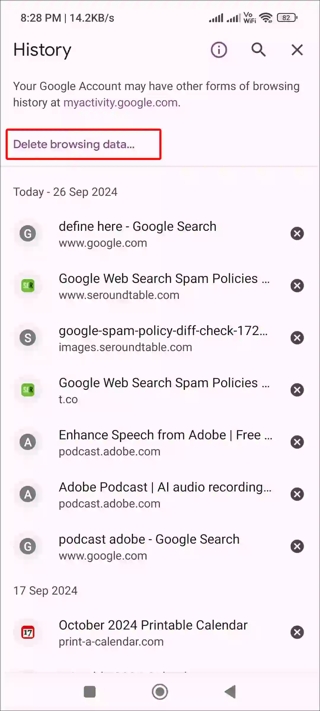 mobile chrome delete browsing data