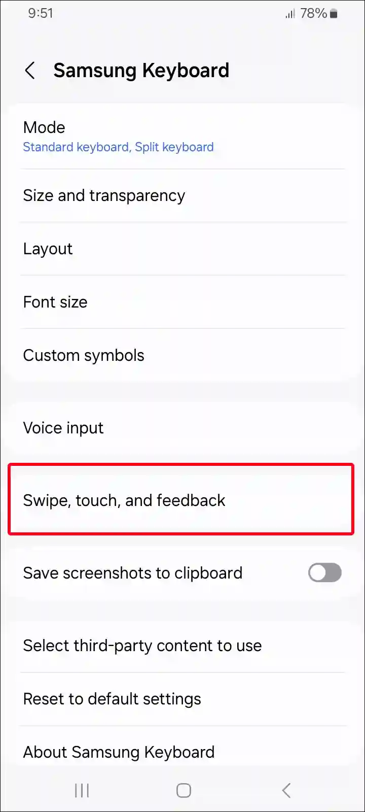 samsung swipe, touch and feedback settings