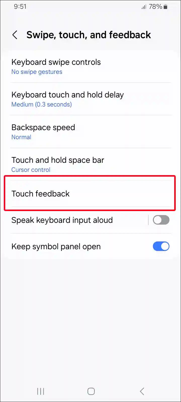 samsung touch feedback settings