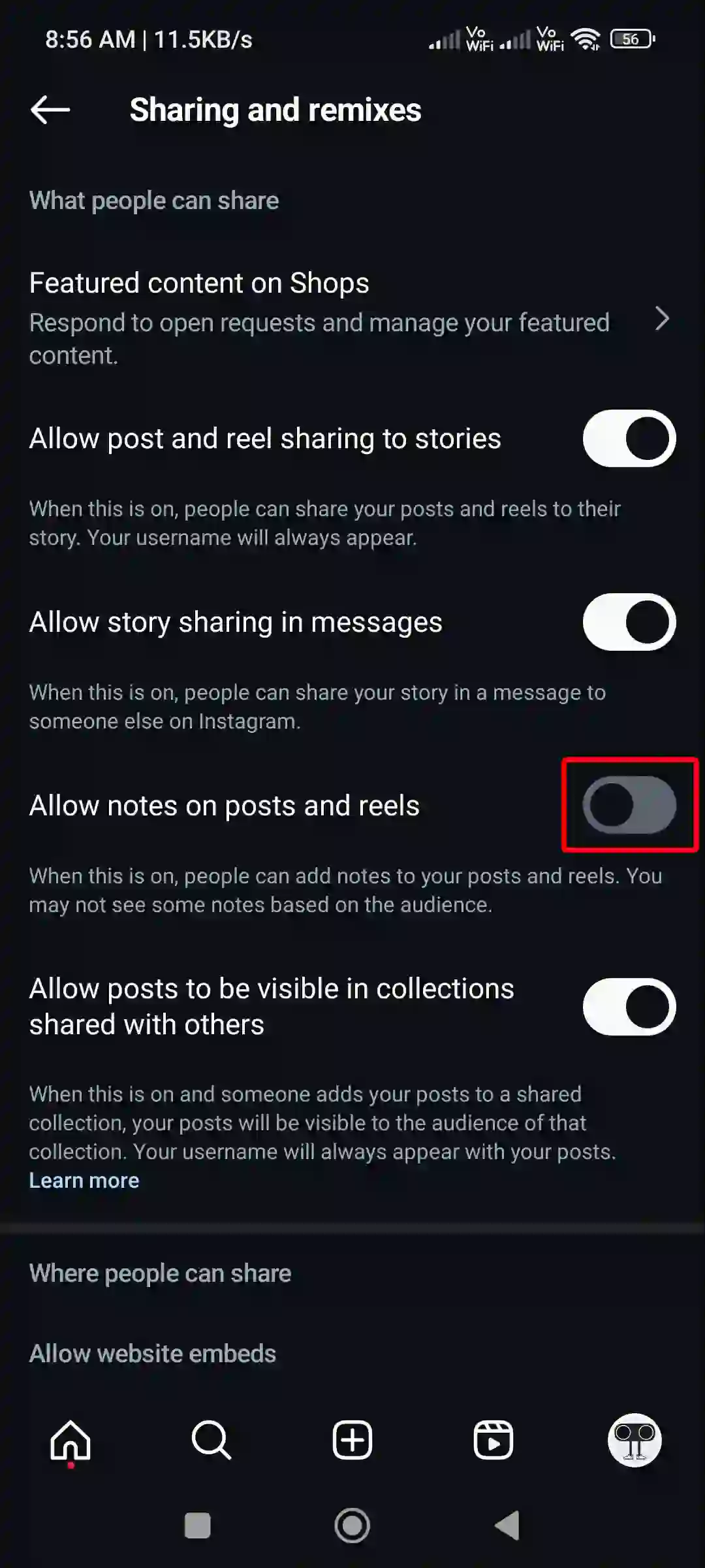 turn off notes on ig posts and reels