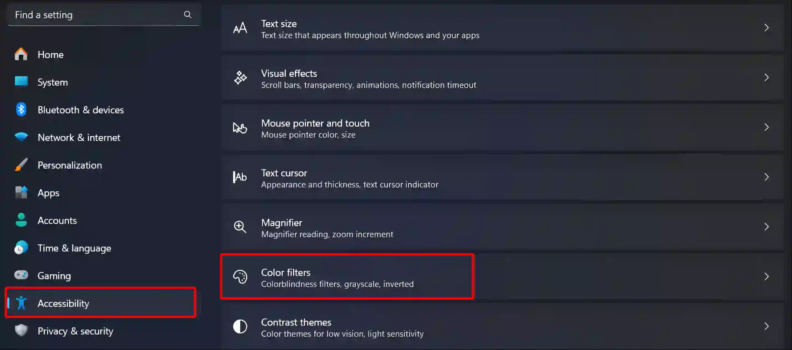 windows 11 accessibility color filters