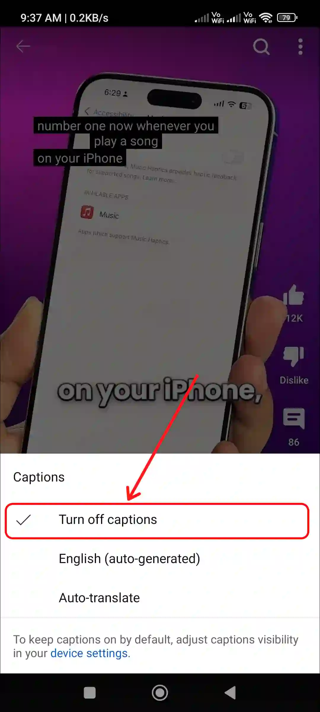 youtube app shorts turn off captions