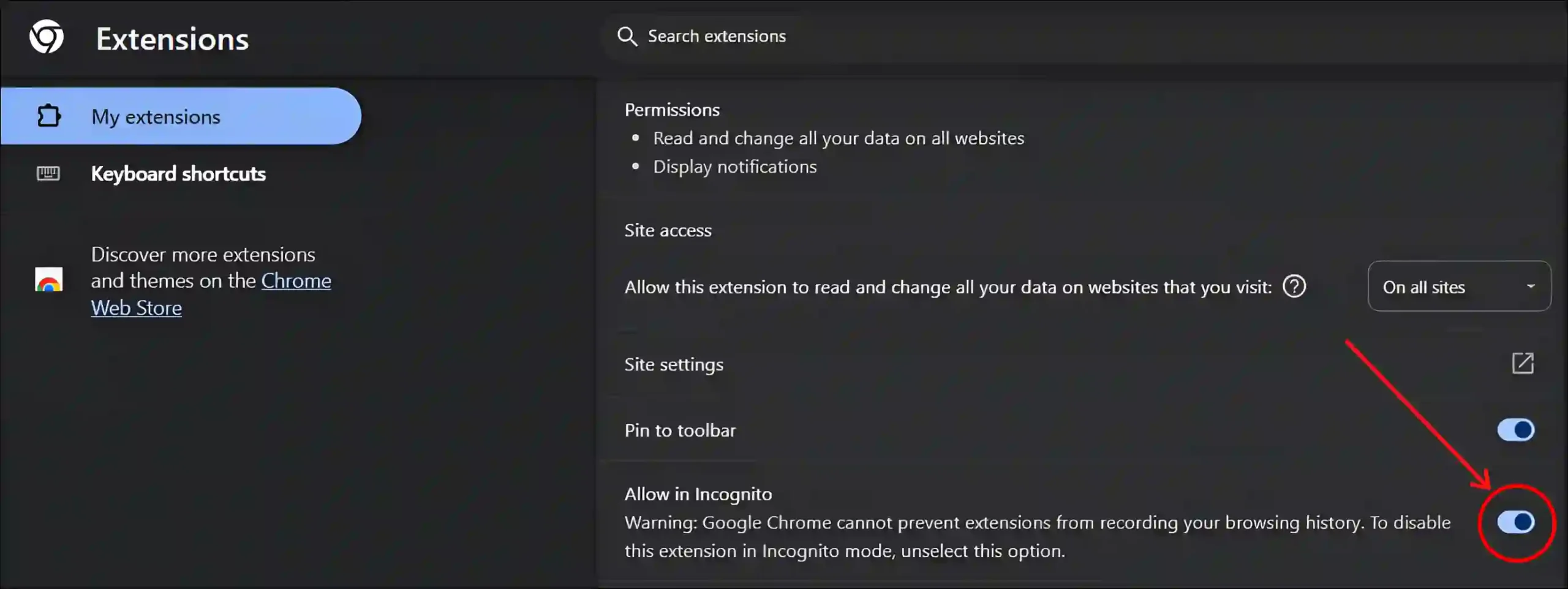 allow google chrome extensions in incognito mode