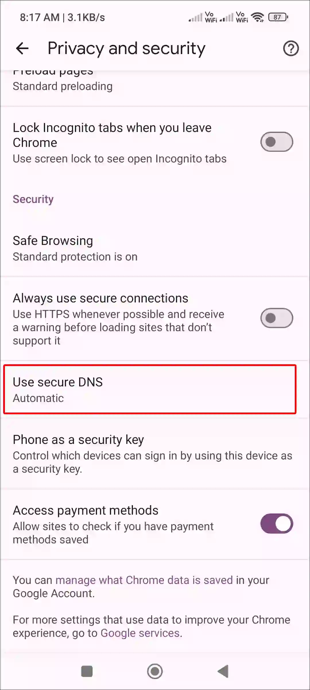 android chrome use secure dns