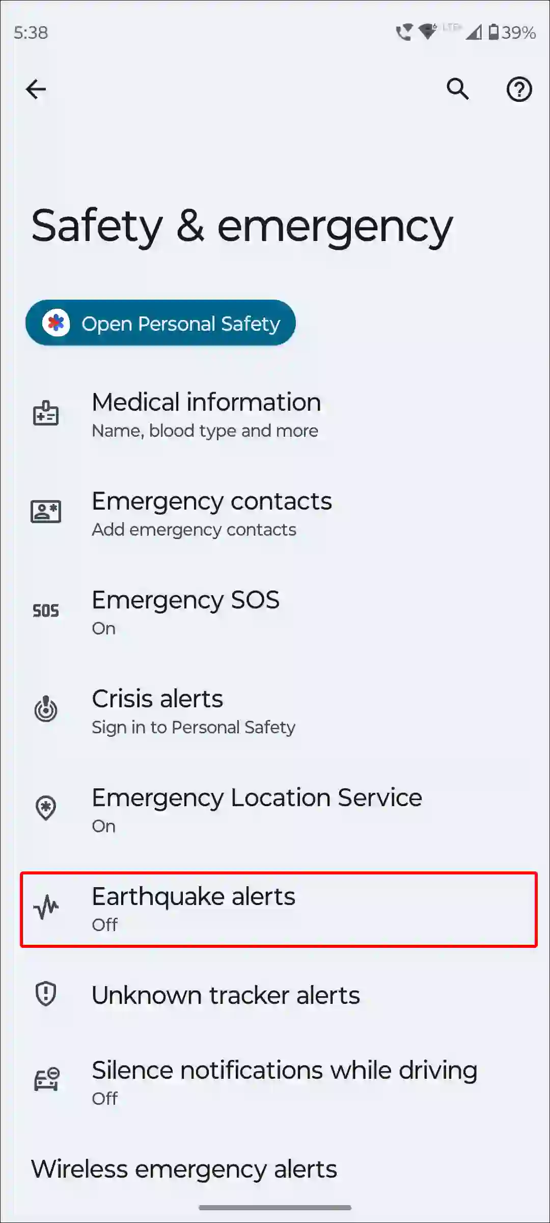 android earthquake alerts settings