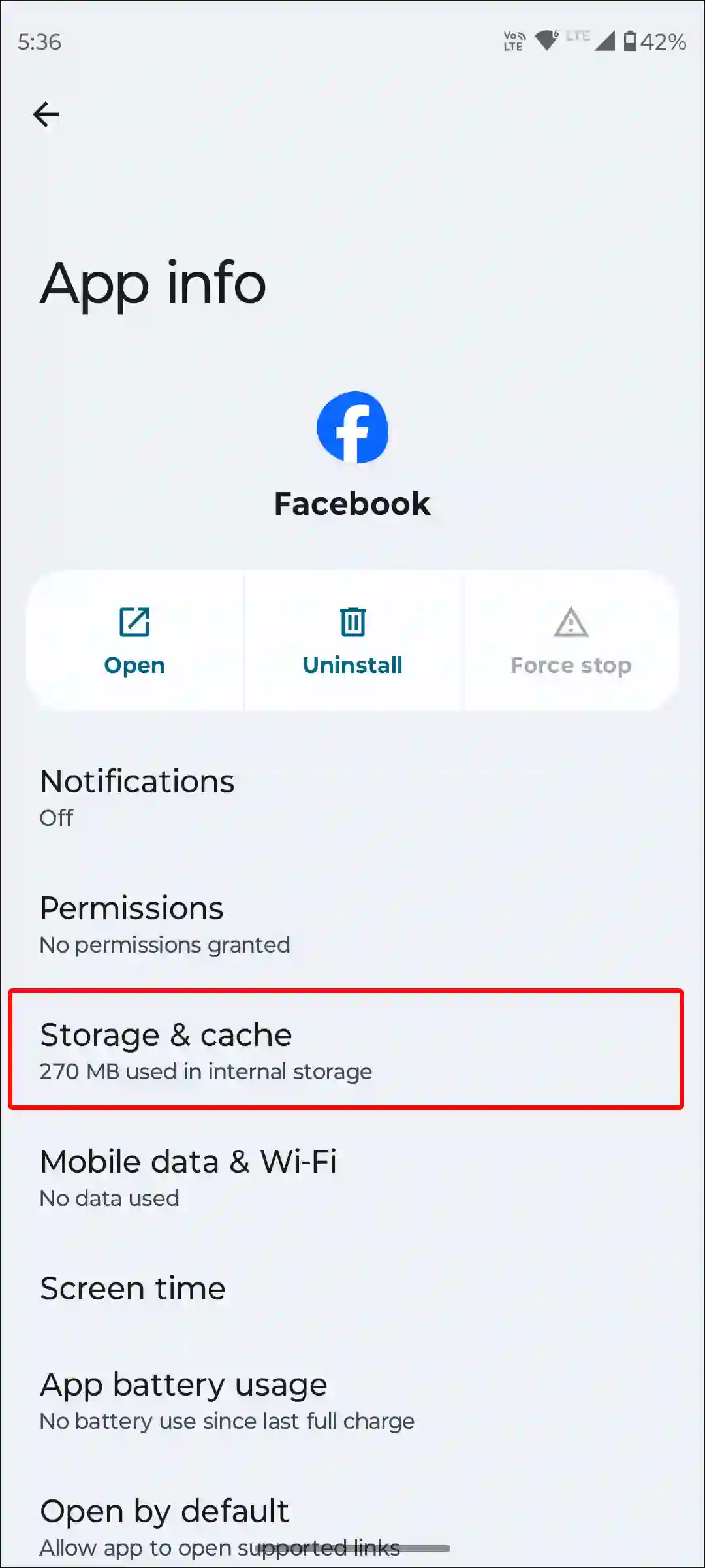 android facebook app storage and cache