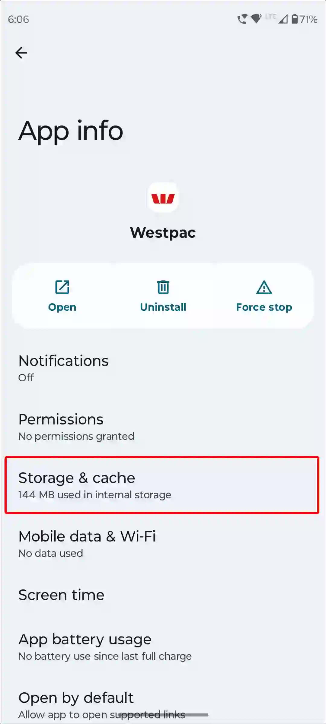 android westpac app storage and cache