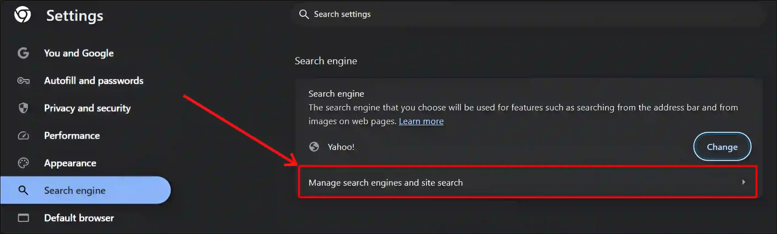 chrome manage search engines and site search