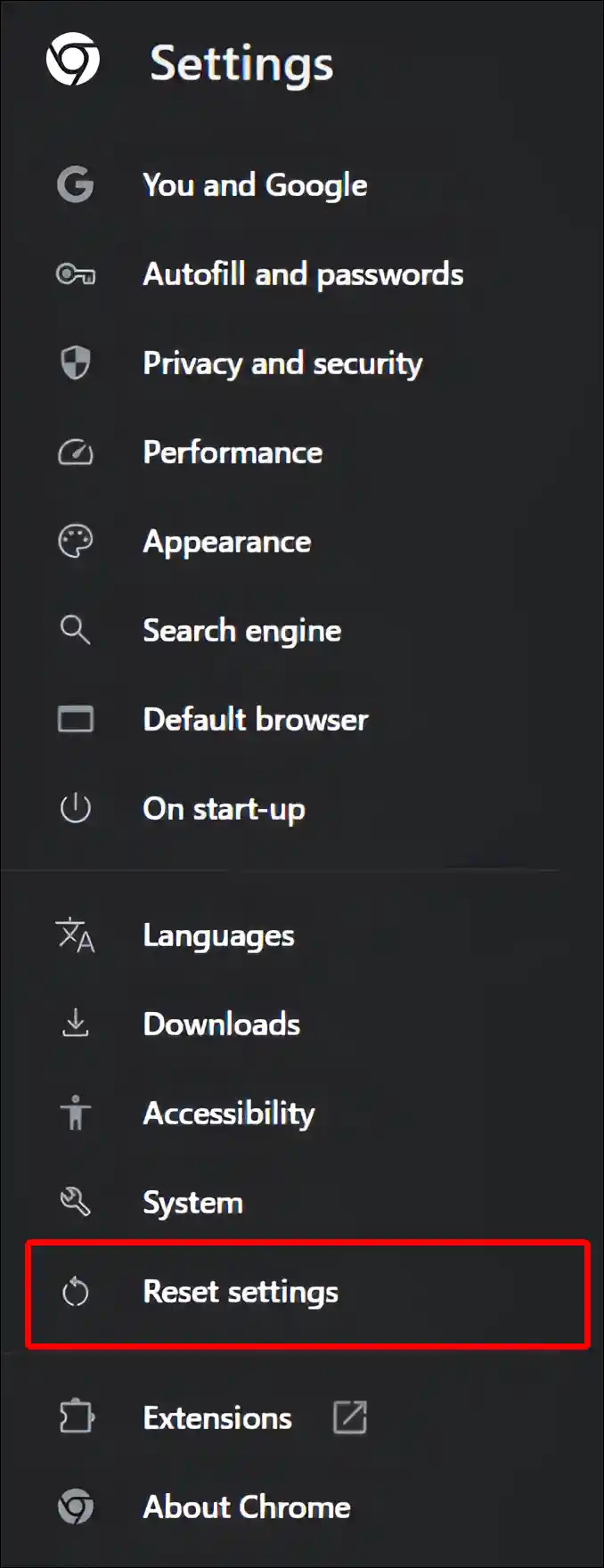 chrome reset settings