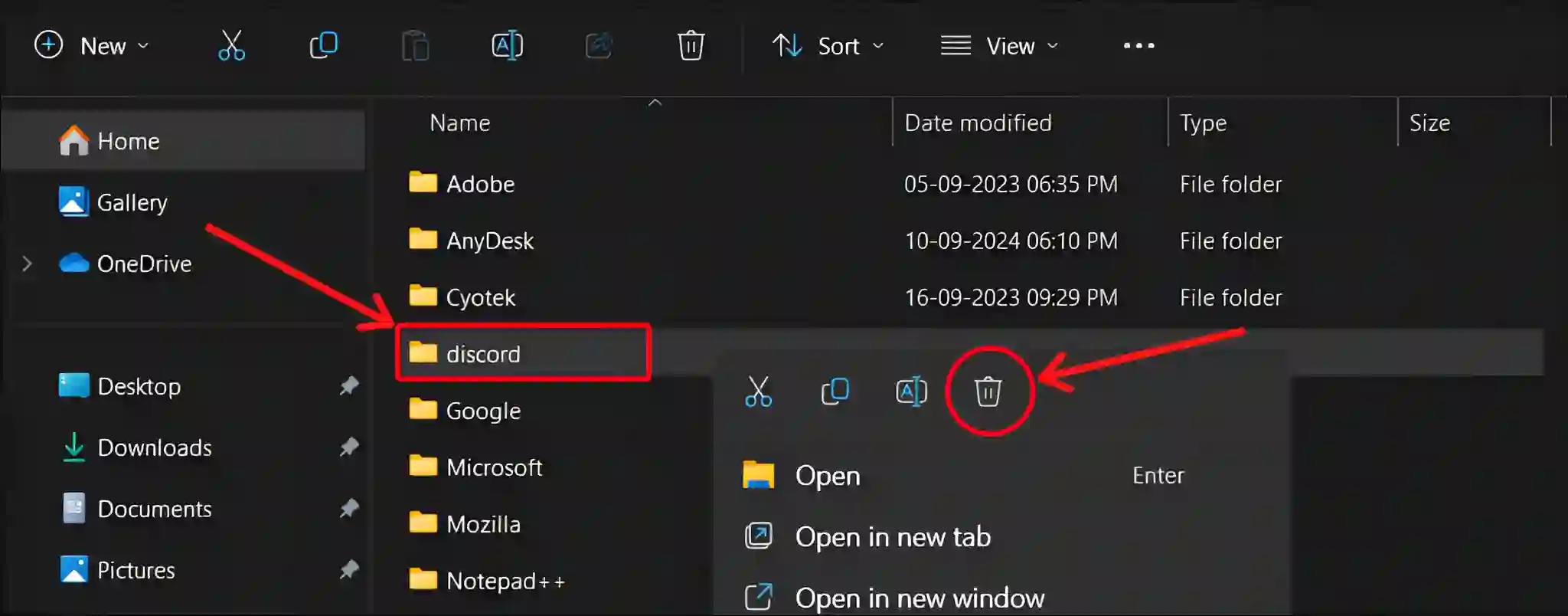 delete discord app data file windows 11