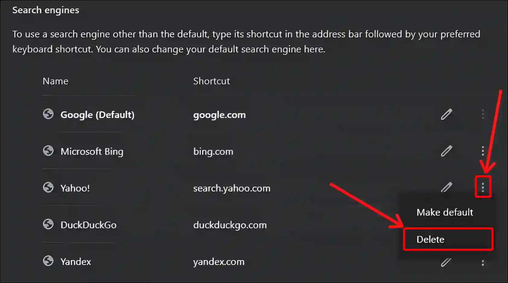 delete yahoo search from chrome