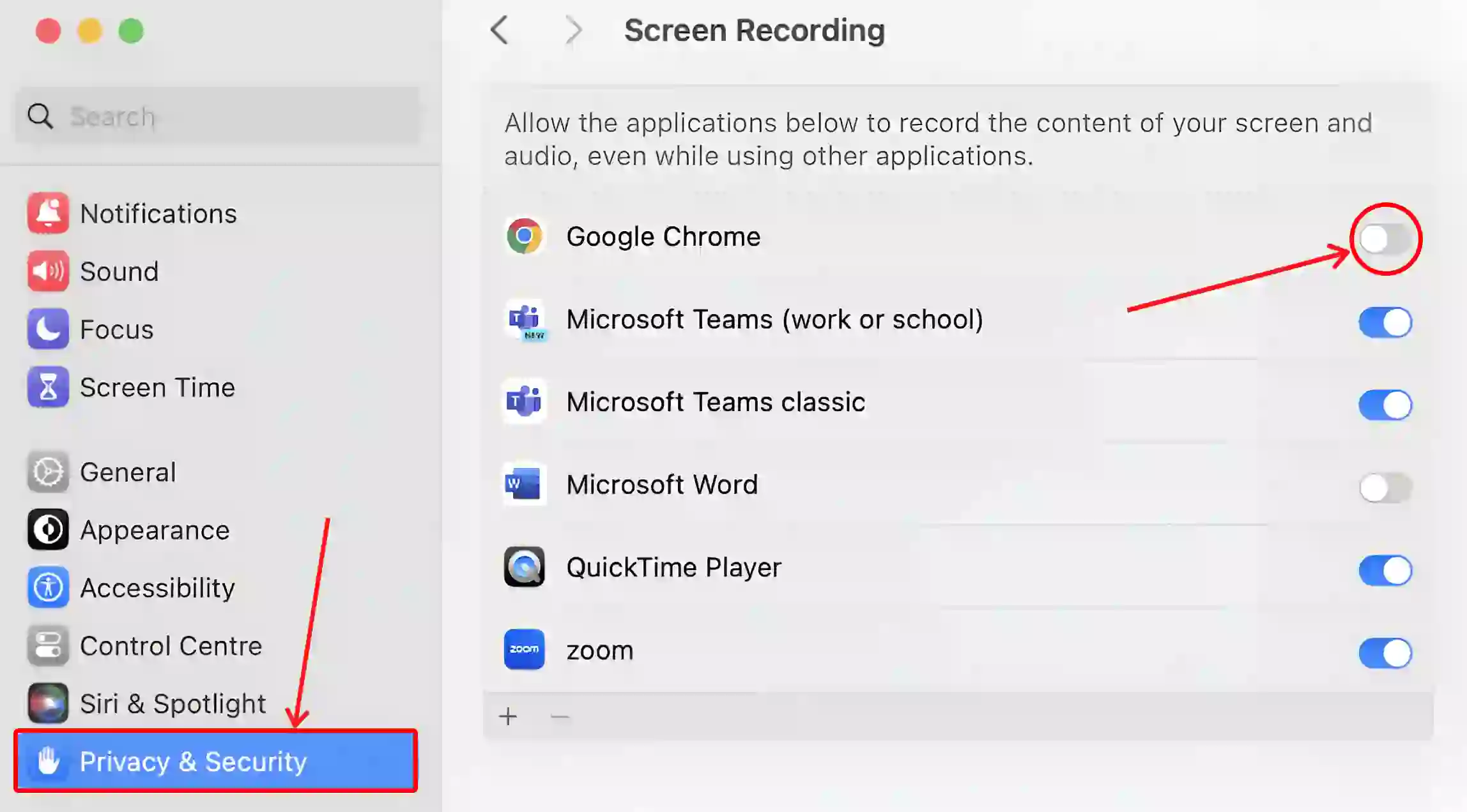 disable chrome screen recording permission from mac settings