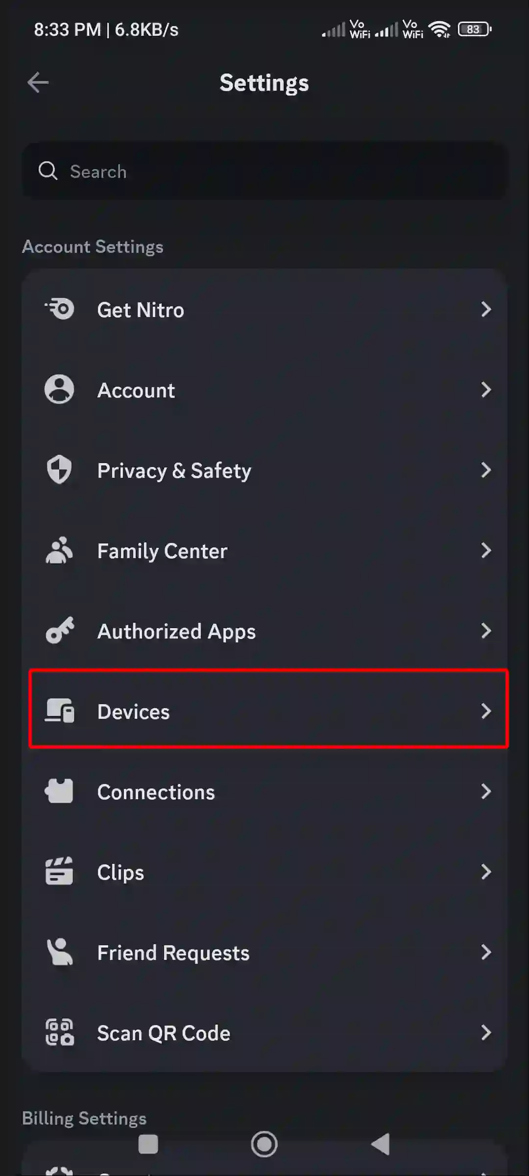 discord mobile app devices settings