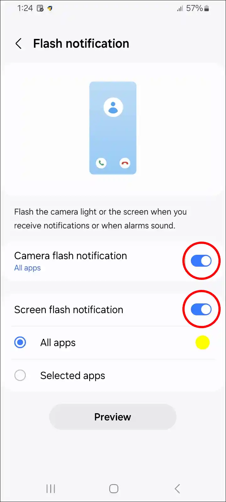 enable flash notification on samsung