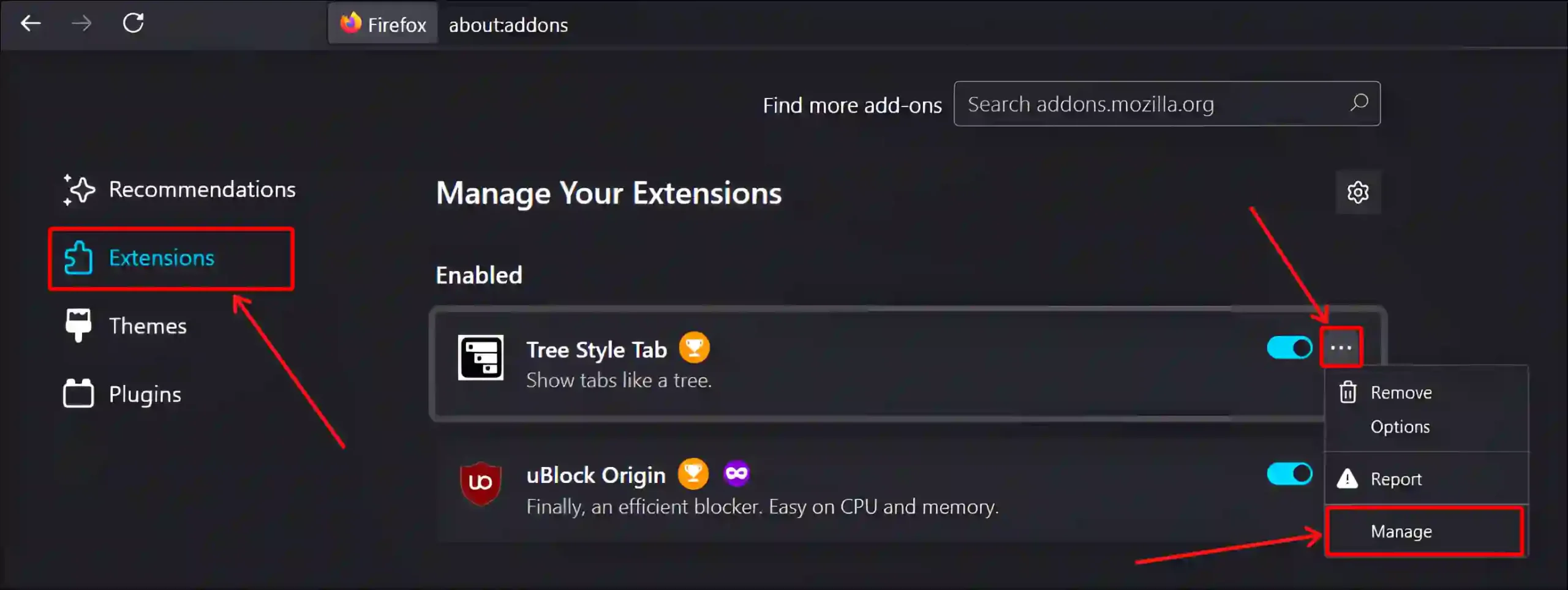 firefox extension manage