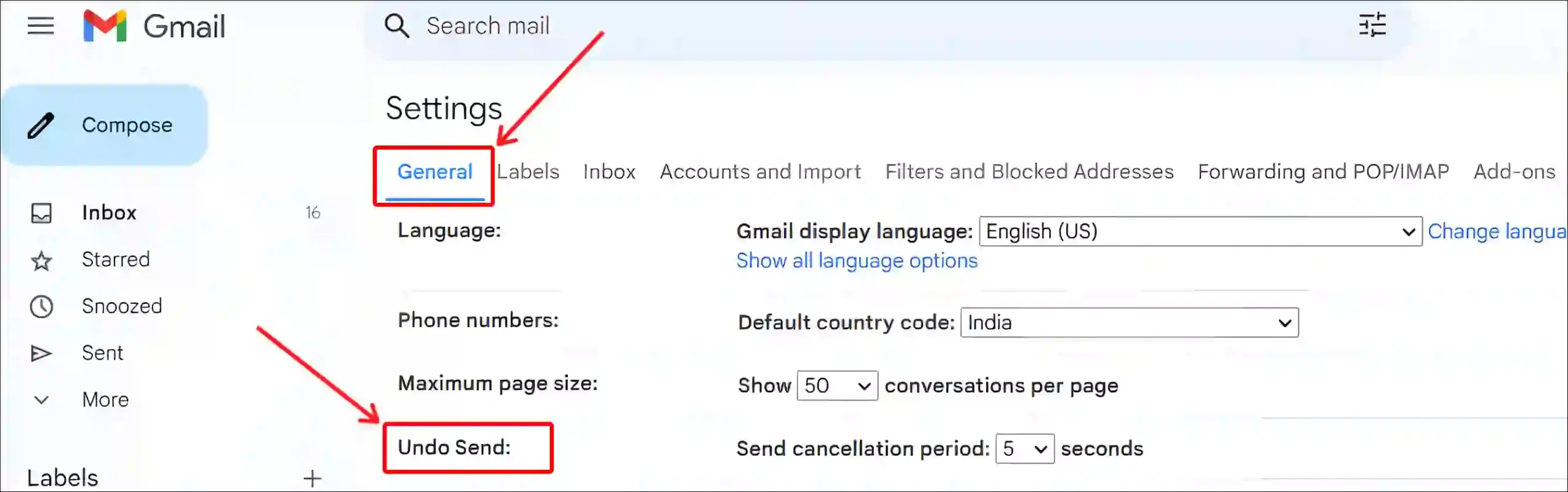 gmail web version undo send settings