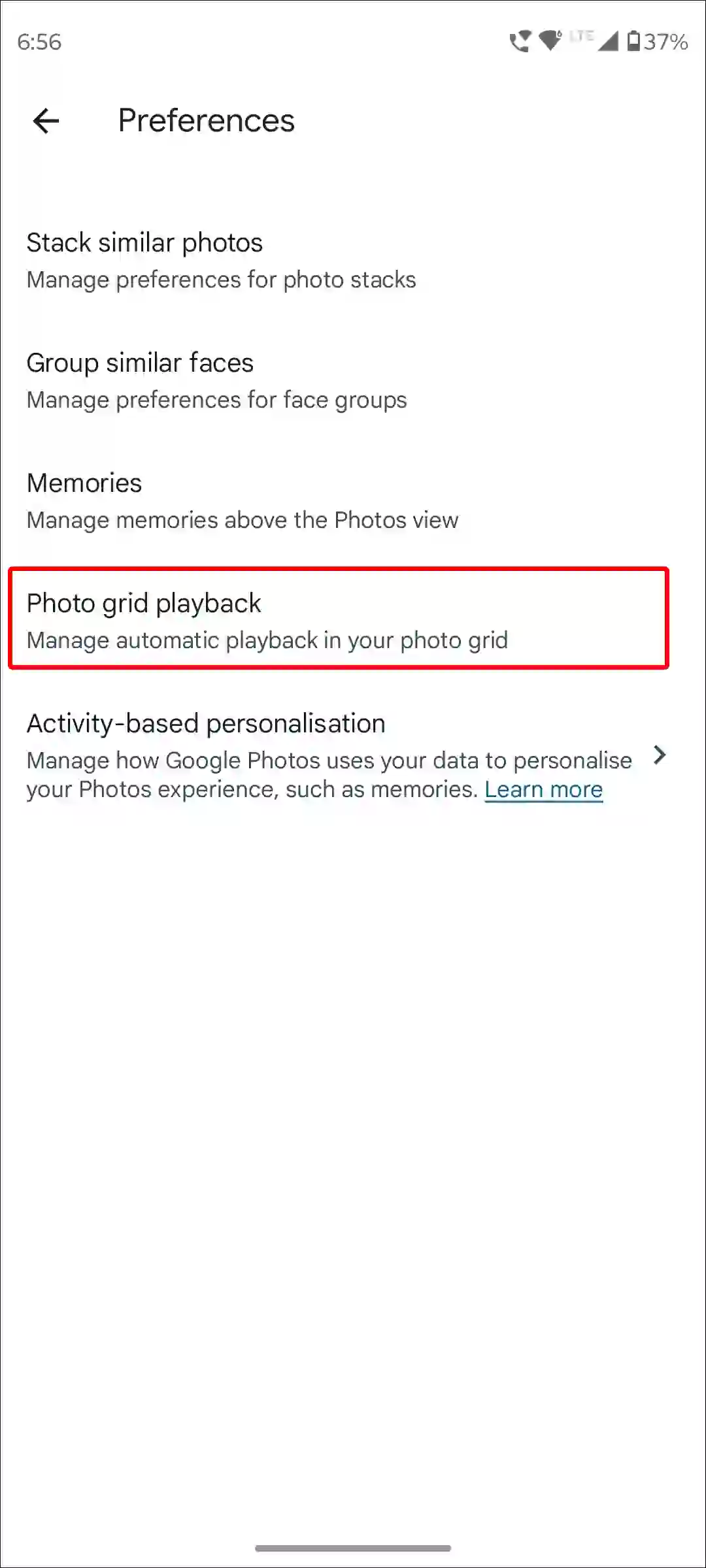 google photos photo grid playback settings