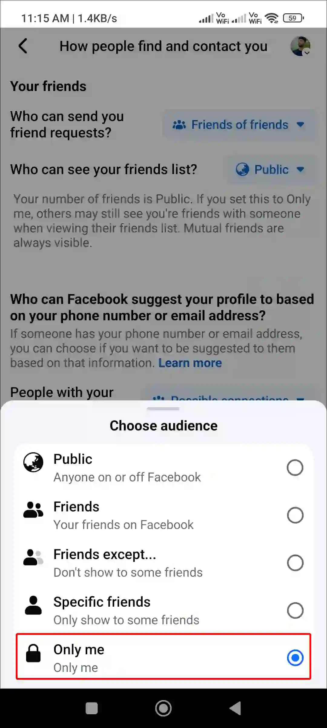 hide your friends list on Facebook app