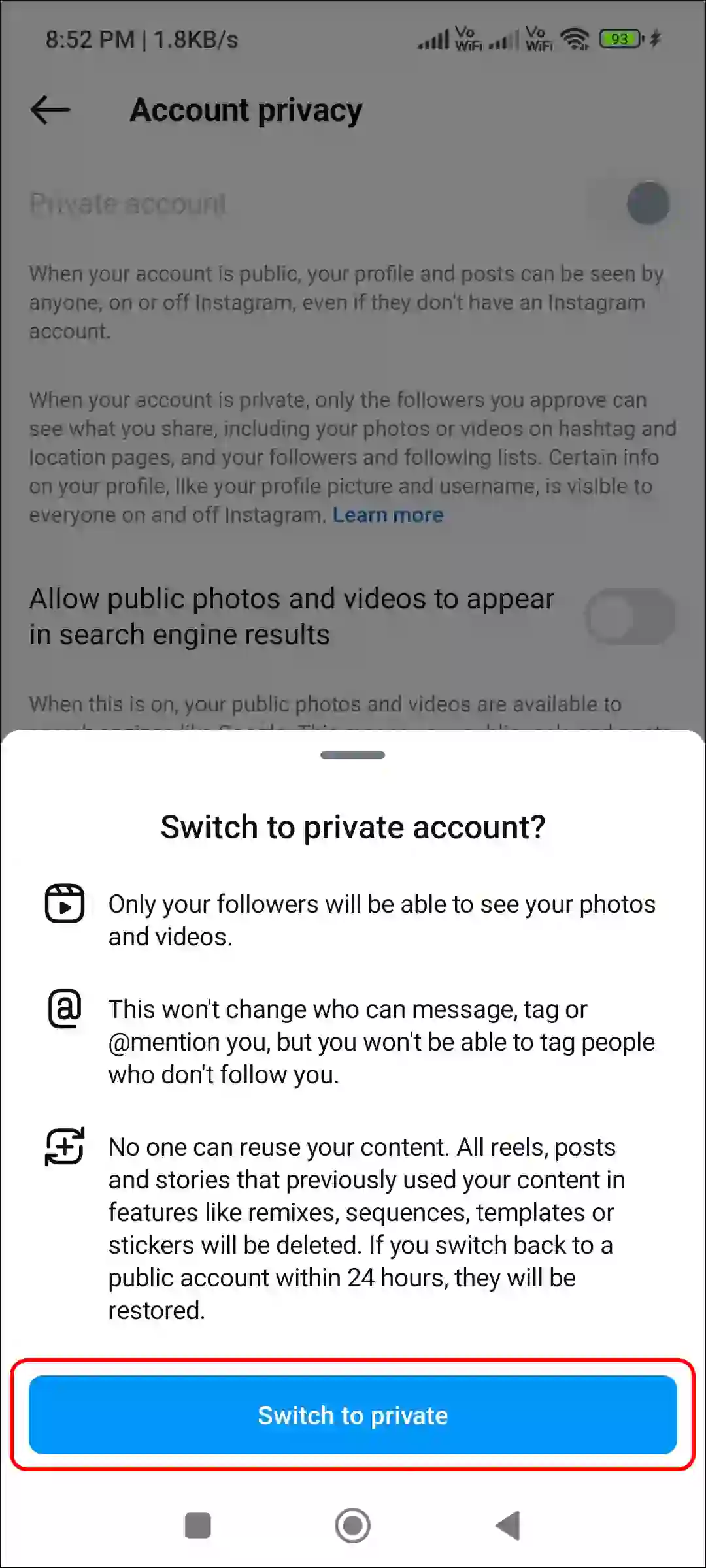 instagram app switch to private