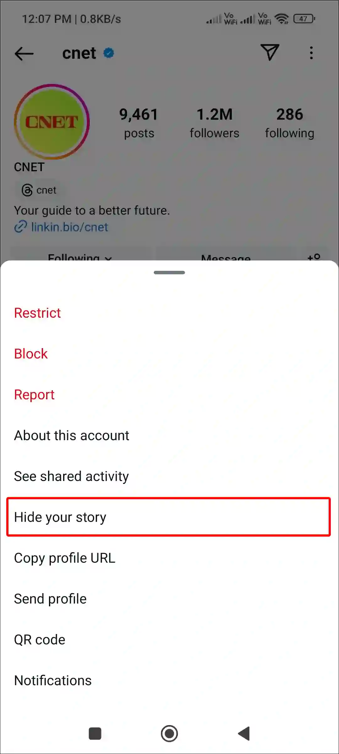 instagram profile hide your story