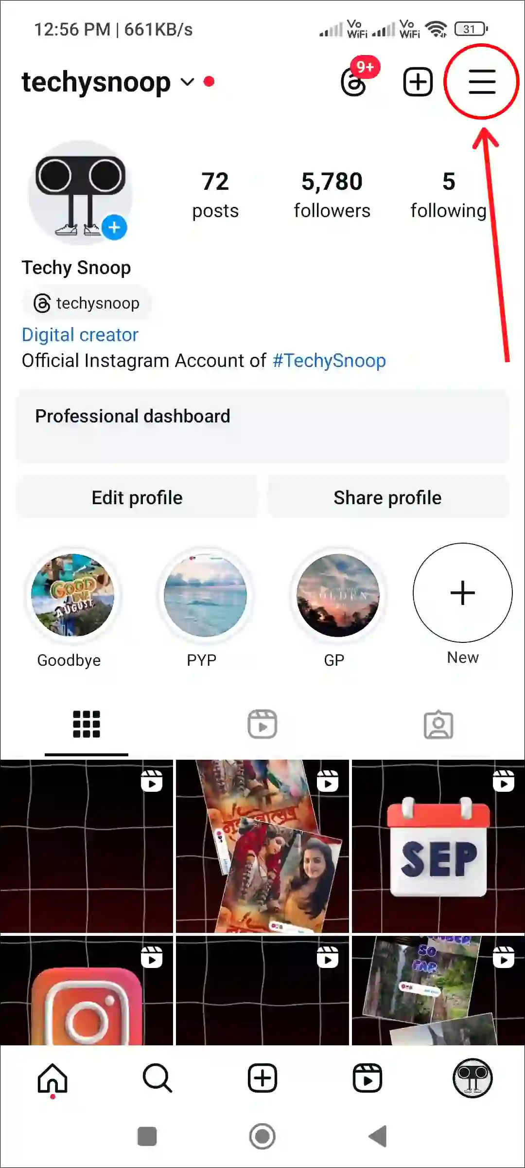 instagram profile three dots