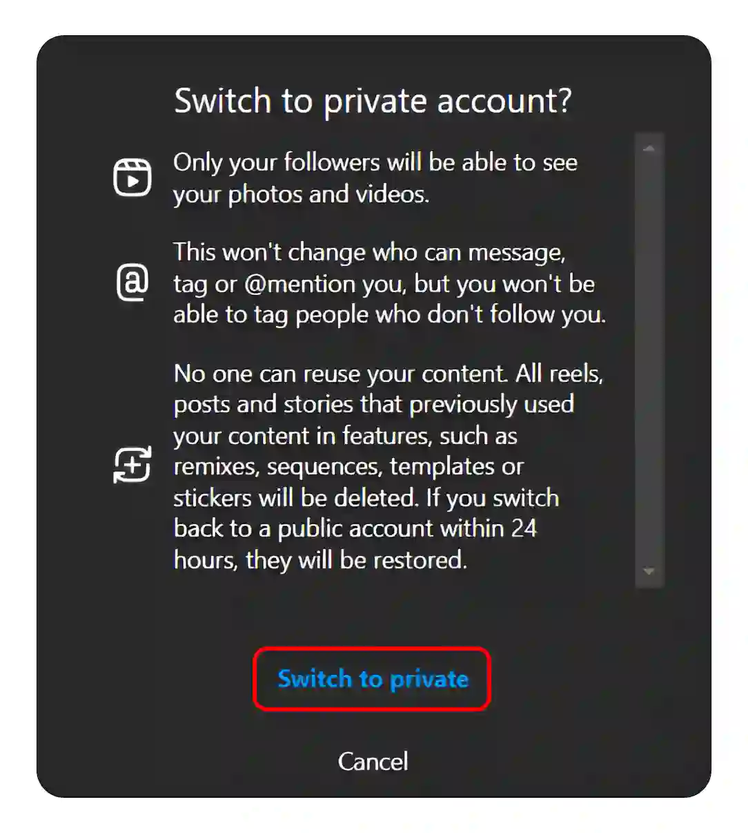 instagram web switch to private