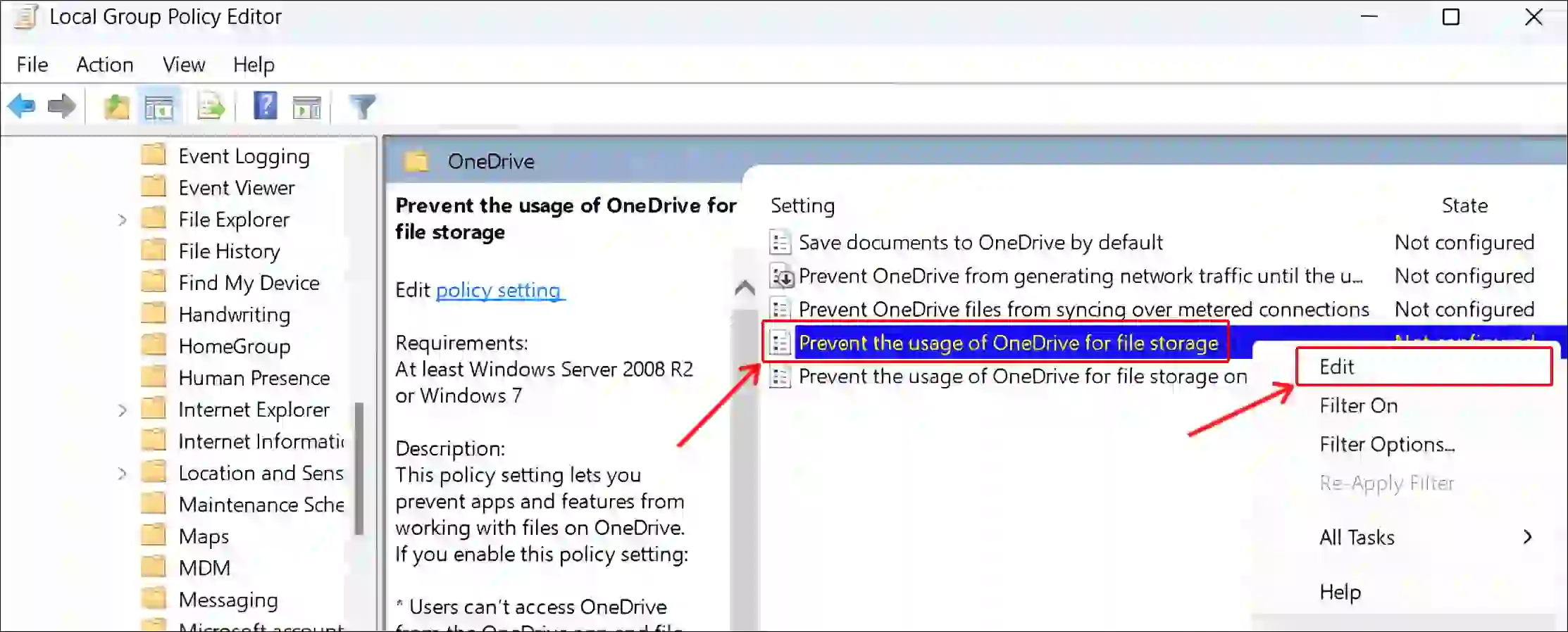 local group policy editor onedrive edit