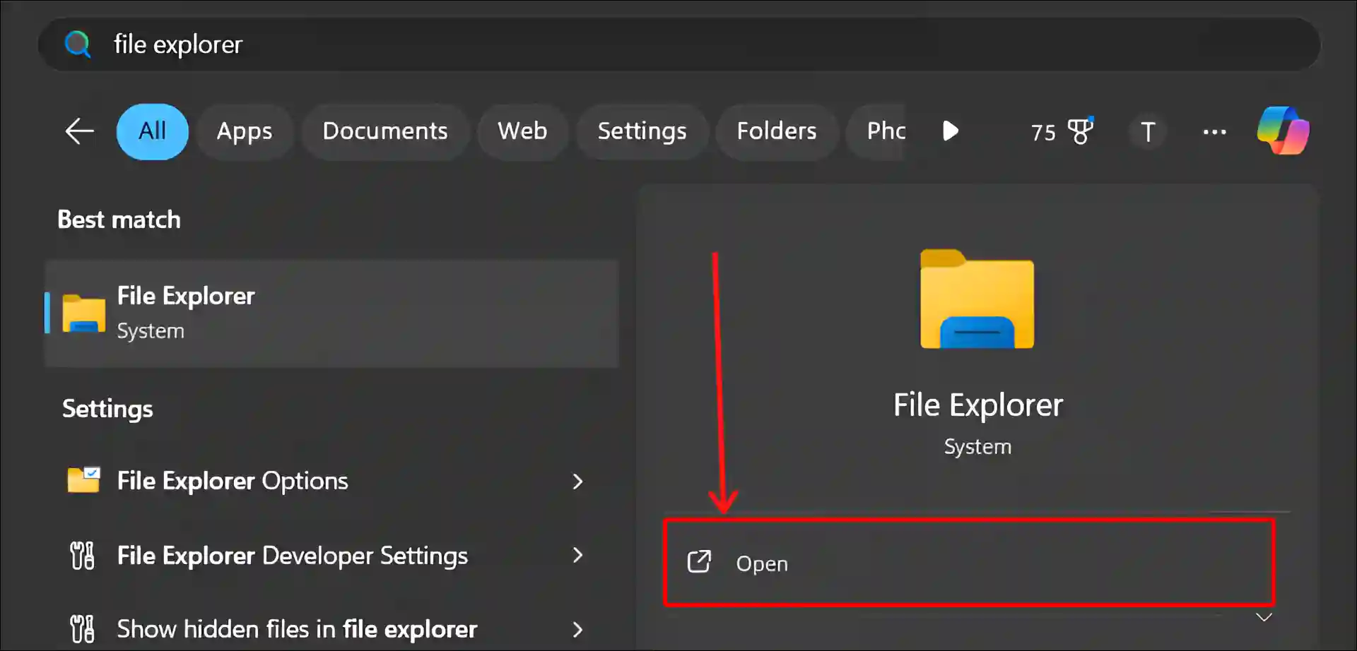 open file explorer with start menu in windows 11